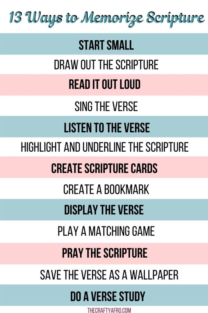 13 ways to memorize scripture infographic. Click to learn more about each memorization technique. #memoryverse #scripture #inforgraphic #memorizescripture